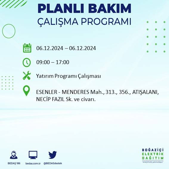 BEDAŞ İstanbul'u ilçe ilçe uyardı: 6 Aralık'ta elektrik kesintisi yapılacak 18